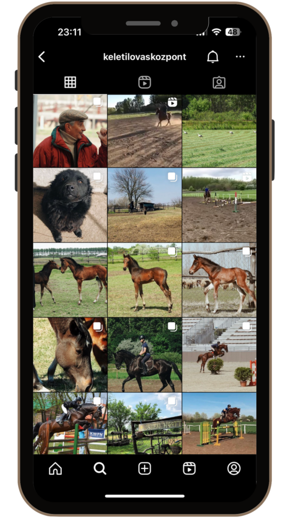 Egy telefon, amin a Keleti Lovas Központ instagram fiókja látható