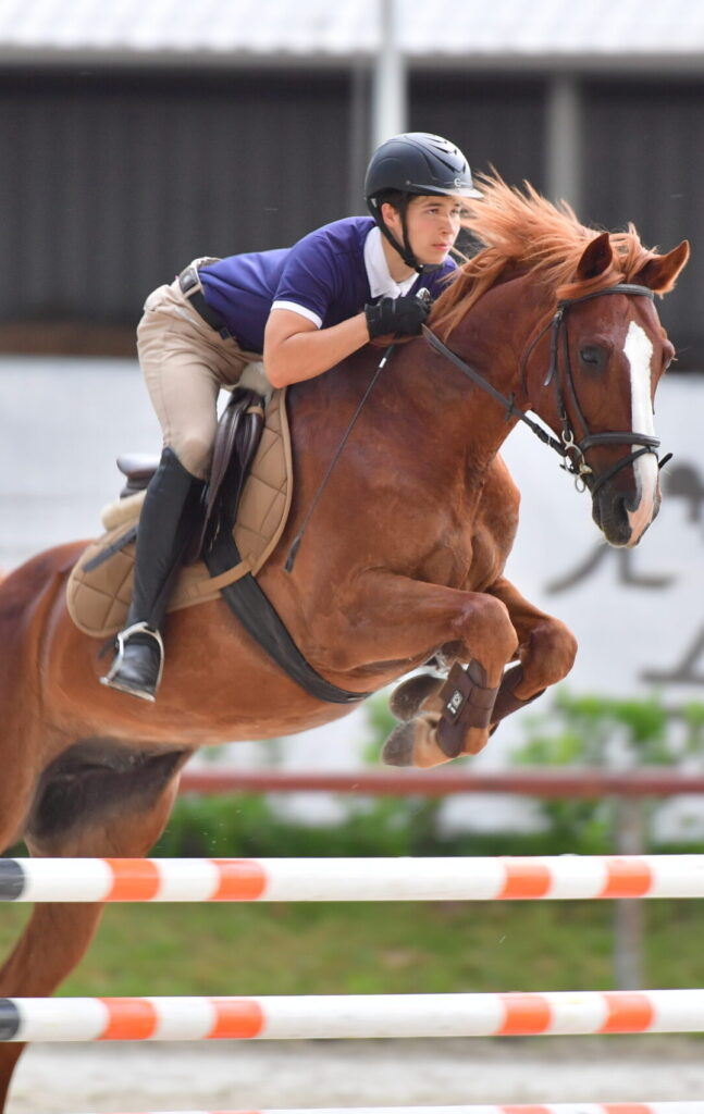 Egy ló ugrás közben a lovasával a Keleti Lovas Központban